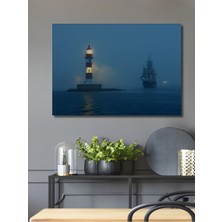 Sisli Denizde Fener ve Yelkenli Yağlı Boya Görünümlü Dekoratif Ahşap Ev/işyeri/ofis Kare Tablo