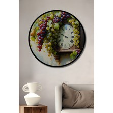 Çerçeve Görünümlü Üzüm ve Armutlu Antika Saat Yağlı Boya Görünümlü Ahşap Ofis Yuvarlak Tablo