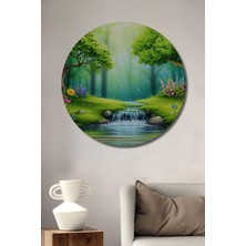 Büyülü Şelale Çiçek Bahçesi Yağlı Boya Görünümlü Ev/işyeri/ofis Dekoratif Ahşap Yuvarlak Tablo