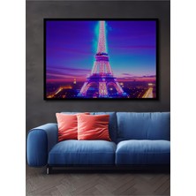 Çerçeve Görünümlü Neon Işıltılı Eyfel Kulesi Yağlı Boya Görünümlü Dekoratif Ahşap Ofis Kare Tablo