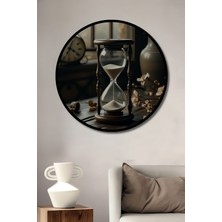 Çerçeve Görünümlü Eski Zaman Kum Saati Çiçekler Yağlı Boya Görünümlü Ahşap Ofis Yuvarlak Tablo