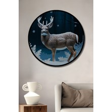 Çerçeve Görünümlü Kış Ormanında Geyik Yağlı Boya Görünümlü Dekoratif Ahşap Ofis Yuvarlak Tablo