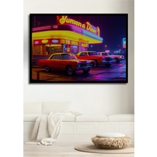 Çerçeve Görünümlü Neon Işıklı Amerikan Diner Nostalji Yağlı Boya Görünümlü Ahşap Ofis Kare Tablo