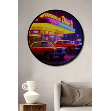 Çerçeve Görünümlü Neon Işıklı Amerikan Diner Nostalji Yağlı Boya Görünümlü Ahşap Ofis Tablo