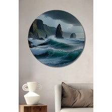 Muhteşem Fırtına Deniz Manzarası Yağlı Boya Görünümlü Dekoratif Ahşap Ev/işyeri/ofis Yuvarlak Tablo