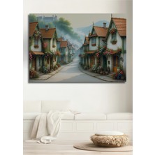 Çiçek Bahçeli Evler Yağlı Boya Görünümlü Dekoratif Ahşap Ev/işyeri/ofis Kare Tablo