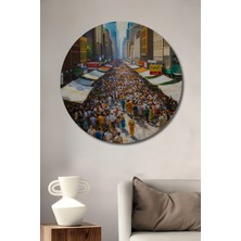 New York Sokak Pazarı Yağlı Boya Görünümlü Dekoratif Ahşap Ev/işyeri/ofis Yuvarlak Tablo