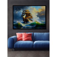 Çerçeve Görünümlü Altın Yelkenli Fırtına Yağlı Boya Görünümlü Dekoratif Ahşap Ofis Kare Tablo