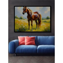 Çerçeve Görünümlü Yağlı Boya Görünümlü Muhteşem At ve Çiçekler Ofis Dekoratif Ahşap Kare Tablosu