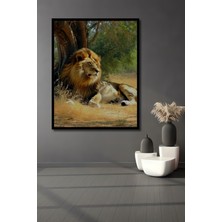 Çerçeve Görünümlü Ormanın Kralı Aslan Yağlı Boya Görünümlü Dekoratif Ahşap Işyeri/ofis Kare Tablo