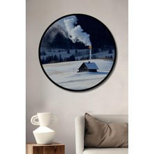 Çerçeve Görünümlü Kar Manzaralı Dekoratif Ahşap Ev ve Duman Ev/işyeri/ofis Yuvarlak Tablosu