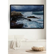 Çerçeve Görünümlü Fırtınalı Deniz Manzarası Yağlı Boya Görünümlü Dekoratif Ahşap Ofis Kare Tablo