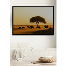 Çerçeve Görünümlü Sulu Boya Görünümlü Afrika Elefantları Işyeri/ofis Dekoratif Ahşap Kare Tablosu