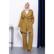 Yağ Yeşili Bel Kuşaklı Keten Kimono Pantolonlu Takım
