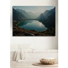 Dağlar Arası Sakin Göl Manzarası Yağlı Boya Görünümlü Dekoratif Ahşap Ev/işyeri/ofis Kare Tablo