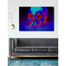 Neon Işıklar Altında Kafatası Yağlı Boya Görünümlü Dekoratif Ahşap Ev/işyeri/ofis Kare Tablo