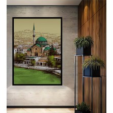 Çerçeve Görünümlü Yeşil Cami Kara Kalem Görünümlü Panorama Dekoratif Ahşap Işyeri/ofis Kare Tablo