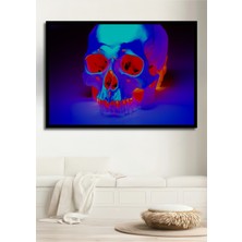 Çerçeve Görünümlü Neon Işıklar Altında Kafatası Yağlı Boya Görünümlü Ahşap Ofis Kare Tablo