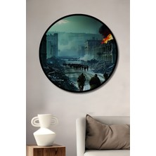 Çerçeve Görünümlü Savaşın Yıkımı Yağlı Boya Görünümlü Dekoratif Ahşap Ev/işyeri/ofis Yuvarlak Tablo