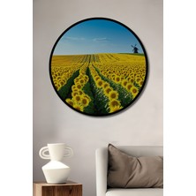 Çerçeve Görünümlü Sonsuz Ayçiçeği Tarlası Yağlı Boya Görünümlü Dekoratif Ahşap Ofis Yuvarlak Tablo