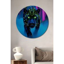 Neon Ormanda Yağlı Boya Görünümlü Jaguar Ev/işyeri/ofis Dekoratif Ahşap Yuvarlak Tablo