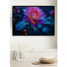 Çerçeve Görünümlü Neon Işıltılı Güzellik Gülü Yağlı Boya Görünümlü Ofis Dekoratif Ahşap Kare Tablo
