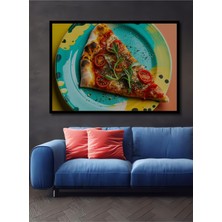Çerçeve Görünümlü Iştah Açan Pizza Dilimi Yağlı Boya Görünümlü Dekoratif Ahşap Ofis Kare Tablo