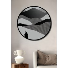 Çerçeve Görünümlü Siyah Beyaz Dağlar ve Askerler Minimalist Ofis Dekoratif Ahşap Yuvarlak Tablo