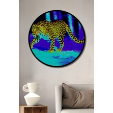 Çerçeve Görünümlü Neon Leopar Ormanı Yağlı Boya Görünümlü Ofis Dekoratif Ahşap Yuvarlak Tablo