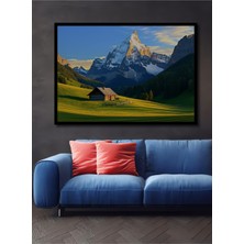 Çerçeve Görünümlü Alplerde Huzurlu Dağ Evi Yağlı Boya Görünümlü Dekoratif Ahşap Ofis Kare Tablo
