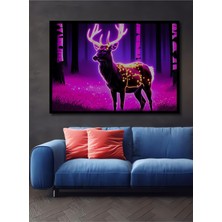 Çerçeve Görünümlü Neon Işıltılı Geyik Orman Manzarası Dekoratif Ahşap Ev/işyeri/ofis Kare Tablo