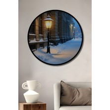 Çerçeve Görünümlü Kış Masalı Şehir Manzarası Yağlı Boya Görünümlü Ahşap Ofis Yuvarlak Tablo