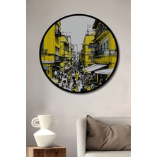Çerçeve Görünümlü Sarı Şehir Sokağı Kara Kalem Görünümlü Dekoratif Ahşap Işyeri/ofis Yuvarlak Tablo