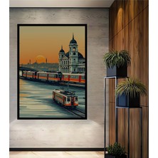 Çerçeve Görünümlü Istanbul Tramvay Klasik Sanat Yağlı Boya Görünümlü Ahşap Ofis Kare Tablo