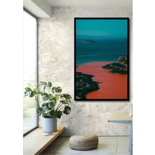 Çerçeve Görünümlü Pembe Deniz ve Mavi Gökyüzü Yağlı Boya Görünümlü Dekoratif Ahşap Ofis Kare Tablo