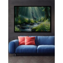 Çerçeve Görünümlü Rüya Ormanında Geyik Sulu Boya Görünümlü Dekoratif Ahşap Işyeri/ofis Kare Tablo