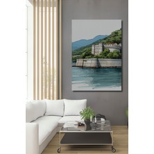 Deniz Kenarı Kale Sulu Boya Görünümlü Dekoratif Ahşap Ev/işyeri/ofis Kare Tablo