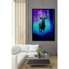 Çerçeve Görünümlü Neon Ormanındaki Ihtişamlı Geyik Yağlı Boya Görünümlü Ahşap Ofis Kare Tablo