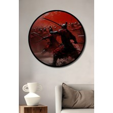 Çerçeve Görünümlü Kızıl Samuraylar Yağlı Boya Görünümlü Dekoratif Ahşap Işyeri/ofis Yuvarlak Tablo