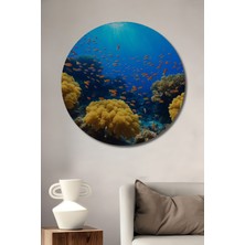 Turuncu Balıklar ve Mercan Resifi Sulu Boya Görünümlü Dekoratif Ahşap Ev/işyeri/ofis Yuvarlak Tablo