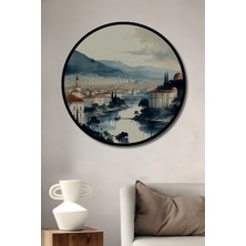 Çerçeve Görünümlü Floransa Manzarası Sulu Boya Görünümlü Dekoratif Ahşap Işyeri/ofis Yuvarlak Tablo