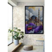 Çerçeve Görünümlü Istanbul Nostaljik Tramvay Pastel Boya Görünümlü Dekoratif Ahşap Ofis Kare Tablo