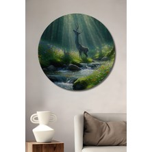 Rüya Ormanında Geyik Sulu Boya Görünümlü Dekoratif Ahşap Ev/işyeri/ofis Yuvarlak Tablo