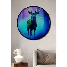 Çerçeve Görünümlü Neon Ormanındaki Ihtişamlı Geyik Yağlı Boya Görünümlü Ahşap Ofis Yuvarlak Tablo