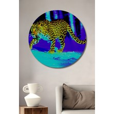 Neon Leopar Ormanı Yağlı Boya Görünümlü Ev/işyeri/ofis Dekoratif Ahşap Yuvarlak Tablo