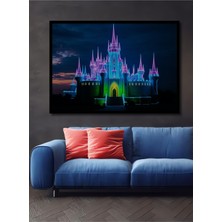 Çerçeve Görünümlü Neon Işıklar Altında Masalsı Şato Dekoratif Ahşap Ev/işyeri/ofis Kare Tablo