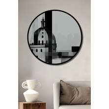 Çerçeve Görünümlü Minimalist Şehir Manzarası Kara Kalem Görünümlü Ahşap Ofis Yuvarlak Tablo