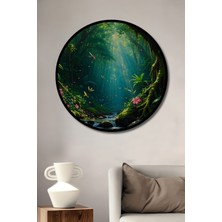 Çerçeve Görünümlü Tropikal Orman Rüyası Sulu Boya Görünümlü Dekoratif Ahşap Ofis Yuvarlak Tablo