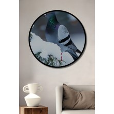 Çerçeve Görünümlü Kar Manzaralı Güvercin Yağlı Boya Görünümlü Dekoratif Ahşap Ofis Yuvarlak Tablo