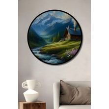 Çerçeve Görünümlü Dağ Evi Huzurlu Nehir Manzarası Yağlı Boya Görünümlü Ahşap Ofis Yuvarlak Tablo